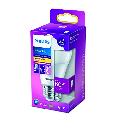 Philips - Bombilla LED con sensor 60W estándar E27 luz blanca cálida