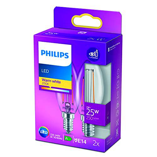 Philips LED Classic Bombilla, 25 W, Vela Filamento E14