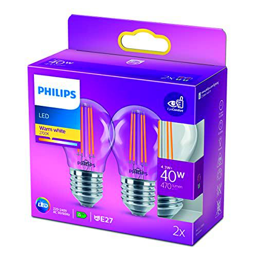Philips - Bombilla LED cristal 40W P45 E27 luz blanca cálida