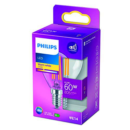 Philips - Bombilla LED cristal 60W E14 luz blanca cálida P45