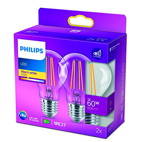 Philips - Bombilla LED Cristal, 60W,E27, Estándar, Filamento