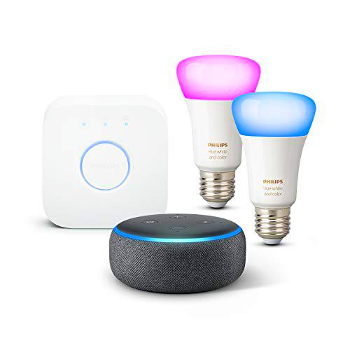 Echo Dot (3.ª generación), Tela de color antracita + Philips Hue Bombilla Inteligente Starter Kit (2x E27)