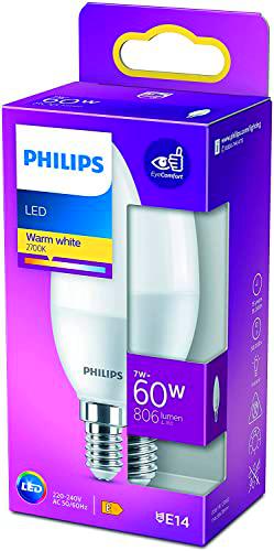 Philips LED - Bombilla LED Vela y Lustre, B38 E14, Luz Blanca Cálida, 60W