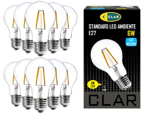 CLAR - Bombillas LED E27 Luz Neutra 6W, Bombilla Filamento LED E27 Vintage