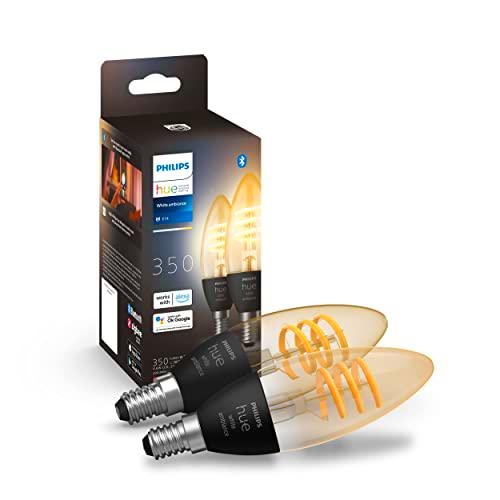 Philips Hue Paquete de 2 bombillas LED inteligentes de ambiente blanco [E14 rosca Edison pequeña] 4,9 W para iluminación interior del hogar
