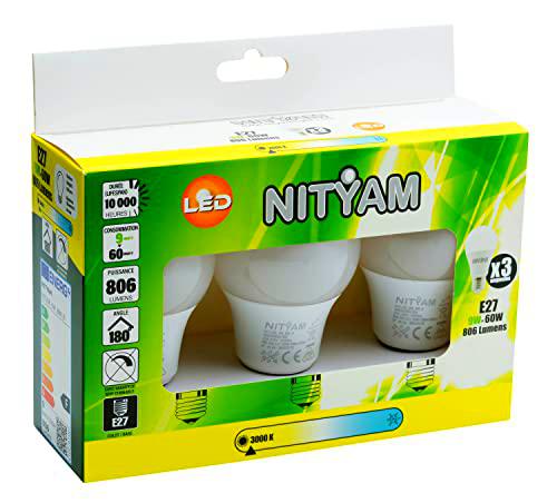 NITYAM Pack de 3 bombillas LED estándar de 9 W, 806 lúmenes