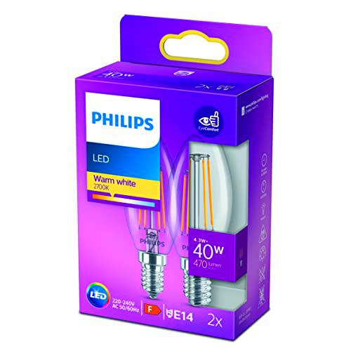 Philips - Bombilla LED Cristal, 40W, Vela Filamento E14