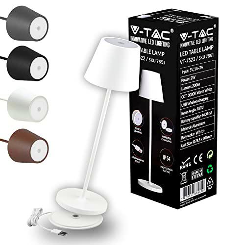 V-TAC Lámpara de Mesa Inalámbrica LED Regulable con Controles Táctiles,Blanca,para Interiores y Exteriores IP54 para el Hogar o Restaurante