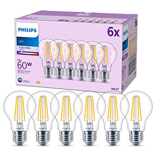 Philips Bombilla LED Filamento, casquillo E27, 7w, blanco frio 4000kelvins