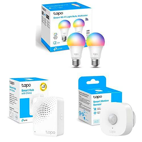 TP-Link Paquete de Tapo L530E 2-Pack| Bombilla LED inteligente Wi-Fi| multicolor Tapo T100| Detector de Movimiento WiFi + Tapo H100| Hub inteligente