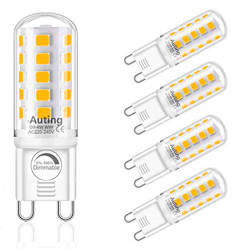 Bombillas LED G9 regulables,4W 2700K luz blanca cálida,repuesto para bombillas halógenas de 20W-40W G9,bombillas LED G9,sin parpadeo,400lm AC220-240V,bombillas LED G9,5 unidades