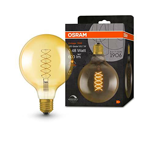OSRAM Lámpara LED Vintage 1906 dorada, 7W, 600lm, forma de globo con 125 mm de diámetro y casquillo E27