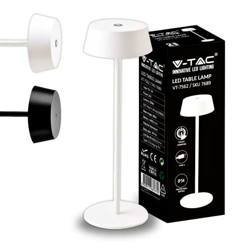 V-TAC Lámpara de Mesa Inalámbrica LED Regulable con Controles Táctiles Blanca para Interiores y Exteriores IP54 para el Hogar o Restaurante