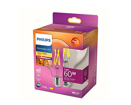 Philips LED - Bombilla LED Clásica, G93 E27, Luz Blanca Cálida Regulable, 60W
