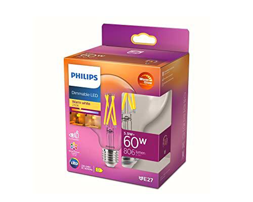 Philips LED - Bombilla LED Clásica, G93 E27, Luz Blanca Cálida Regulable, 60W