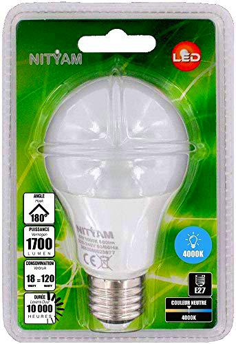 Nityam LED Standard A60 18W 1700 LMS 4000K Bombilla, Blanco