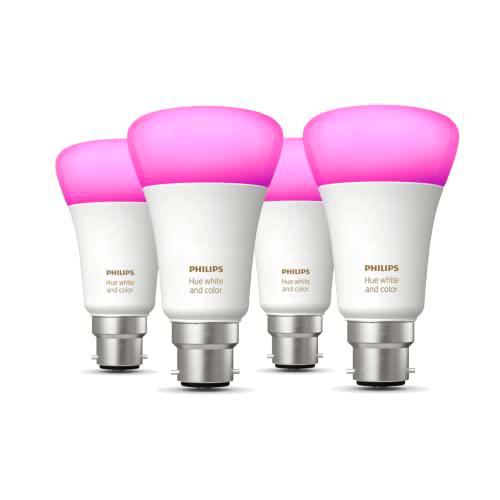 Philips Hue - Paquete de 4 bombillas inteligentes de color blanco y ambiente [B22] con Bluetooth