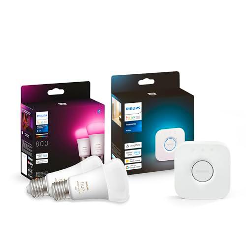 Philips Hue Pack de 2 Bombillas Inteligentes E27, Luz Blanca y de Colores