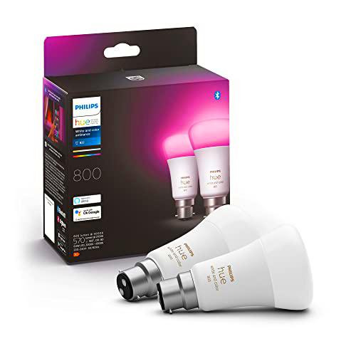 Philips Hue - Paquete de 2 bombillas LED inteligentes de color blanco y ambiente [Bayonet Cap B22]