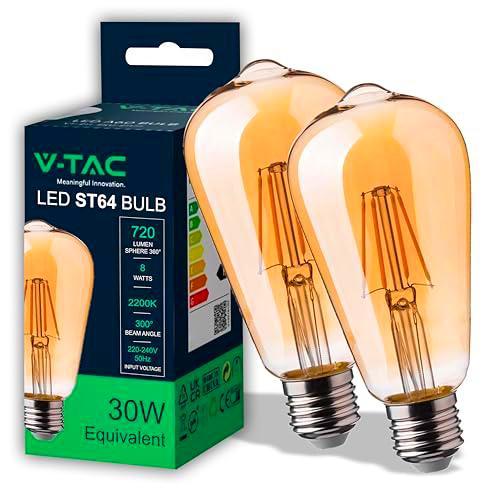 V-TAC 2x Bombilla LED Filamento Ámbar ST64 - E27-8W (Equivalente a 50W)