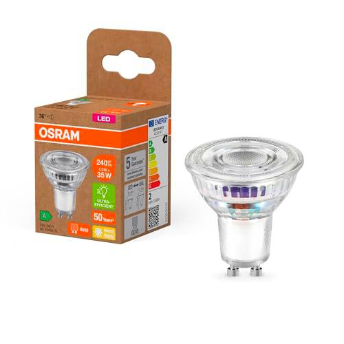 OSRAM Energy Class PAR16 con 1,3 W, 240 lm, blanco cálido (2700 K) de vidrio transparente sin plomo con casquillo GU10 en A