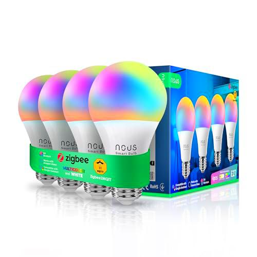 NOUS P3Z, ZigBee Bombilla E27 Led Blanco Cálido, RGB Regulable Lámpara con Control Remoto Decoración Bombilla Accesorios Compatible con Alexa Echo,Hue Bridge,Tuya