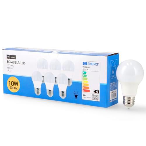 M Ledme - Pack 6, Bombilla Led E27 A60 10W, Luz neutra (4000k)