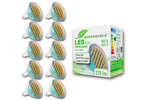GreenAndCo Bombilla led GU5.3, 3.2 W, Pack de 10