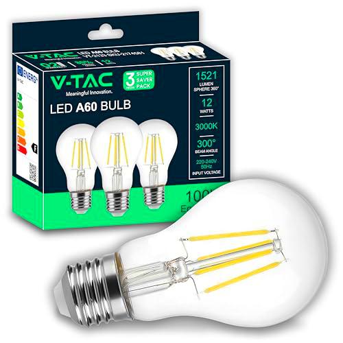 V-TAC 3x Bombillas LED Filamento A60 E27-12W (Equivalente a 100W)