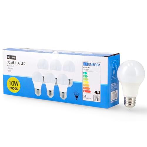 M Ledme - Pack 6, Bombilla Led E27 A60 10W, Luz Cálida (3000k)