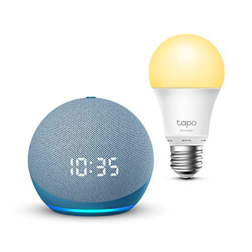 Echo Dot (4.ª generación) con reloj, Azul grisáceo + TP-Link Tapo Bombilla Inteligente (E27)