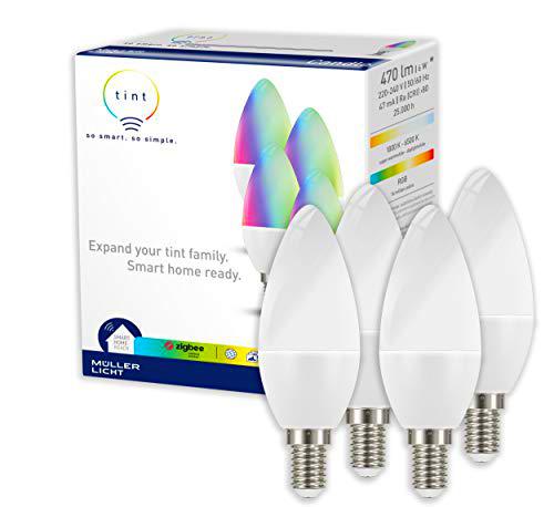 Müller Licht - Bombilla led con forma de vela, Tonos blancos y luz de colores., 4 unidades