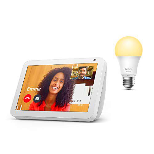 Echo Show 8, Tela de color gris claro + TP-Link Tapo Bombilla Inteligente (E27)