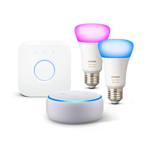 Echo Dot (3.ª generación), Tela de color gris claro + Philips Hue Bombilla Inteligente Starter Kit (2x E27)