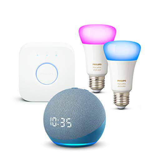 Nuevo Echo Dot (4.ª generación) con reloj, Azul grisáceo + Philips Hue Bombilla Inteligente Starter Kit (2x E27)